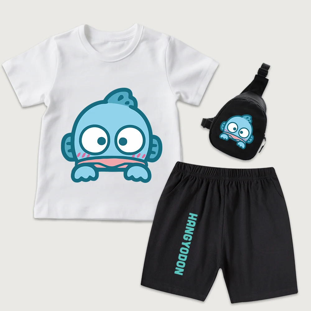 

Детская хлопковая футболка с принтом Hangyodon Googly Eyes, шорты, мини-сумка на грудь, комплект из 3 предметов, летняя повседневная одежда для мальчиков и девочек