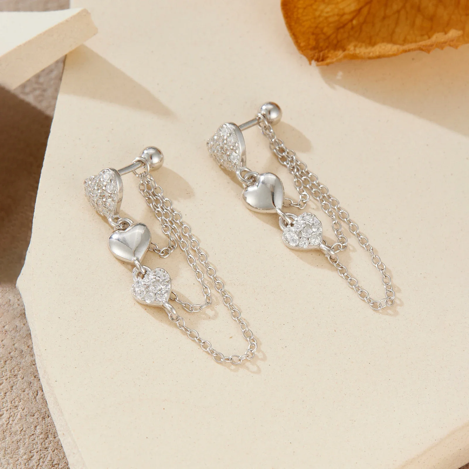 ANDYWEN 925 Silver Heart Fringe Earrings, CZ Studded Drops with Tassel Chain, Romantic Jewelry Gift Box, Women's Daily Wear