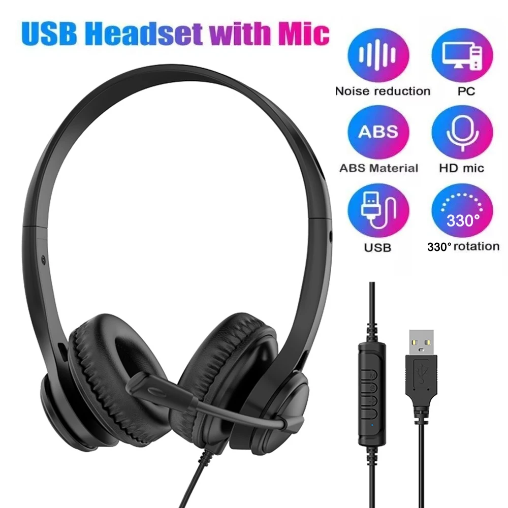 سماعة رأس سلكية USB لمركز الاتصال مع ميكروفون لإلغاء الضوضاء فوق سماعات الألعاب 3.5 ملم سماعة رأس سلكية للكمبيوتر