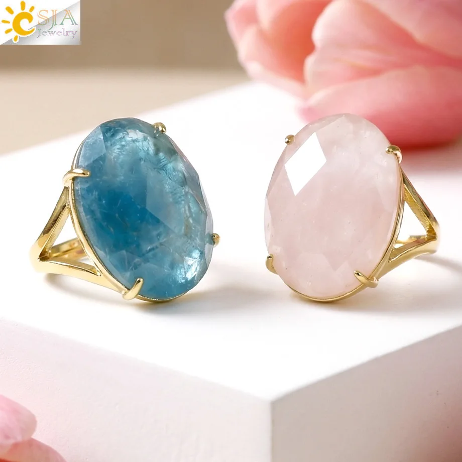 CSJA 1 Stück Ovaler Naturstein-Ring für Männer und Frauen Trendiger Tigerauge Amethyst Rosenquarz Fingerringe Hochzeitsschmuck Geschenk H877