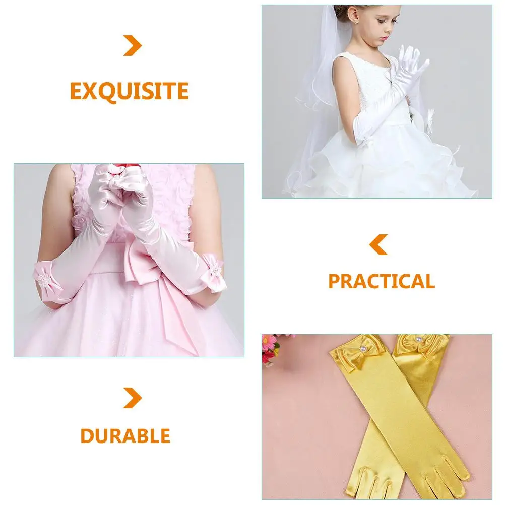 6 أزواج من قفازات الساتان الطويلة للأطفال على شكل فيونكة زهرة فتاة إكسسوارات الزفاف تصميم أصابع أنيق قفازات ناعمة متينة للأطفال