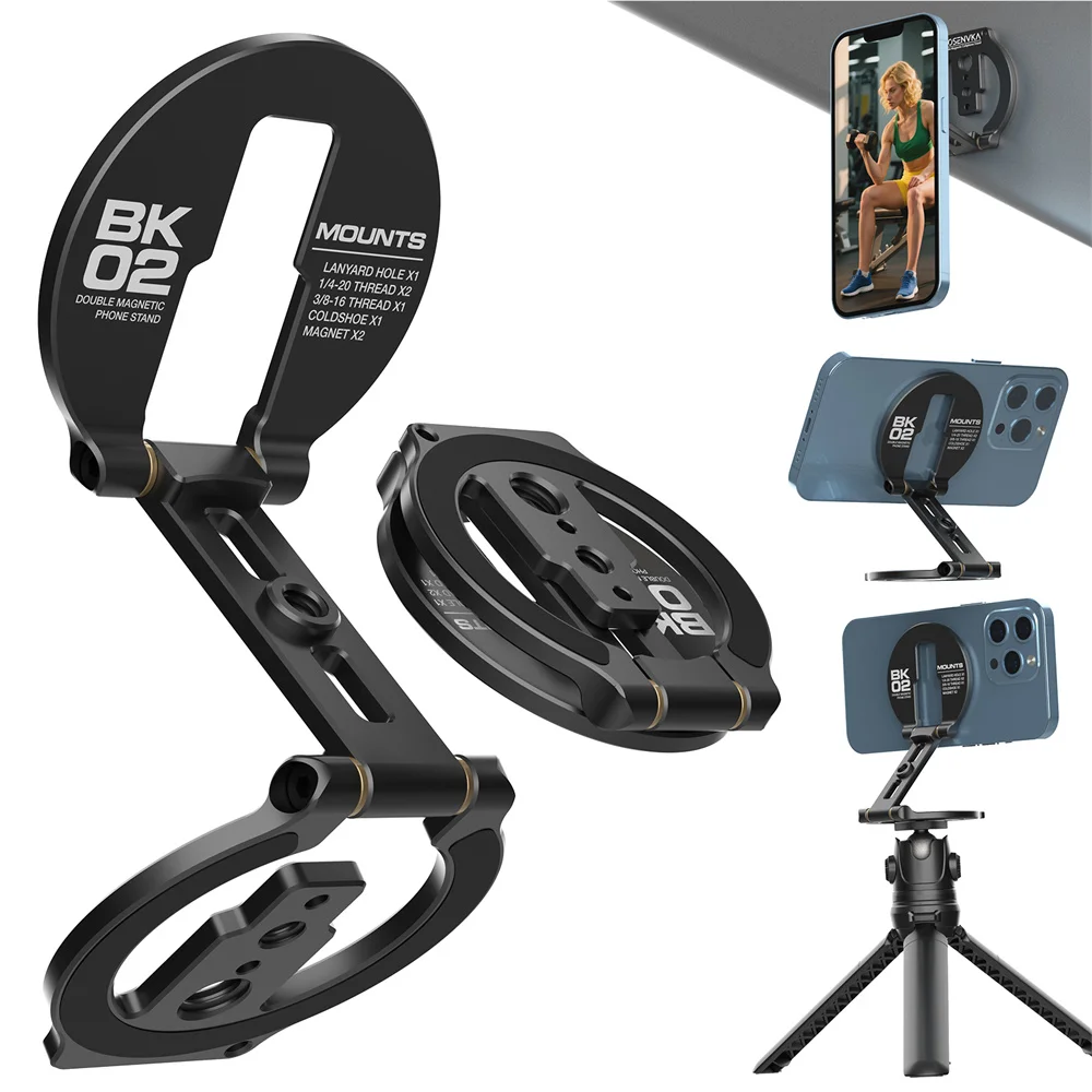 

Ultrathin Double Magnetic Phone Holder W 1/4" Screw Tripod Mount Gym Magnet Phone Stand for Iphone 16 15 14 13 12 Android Magsaf