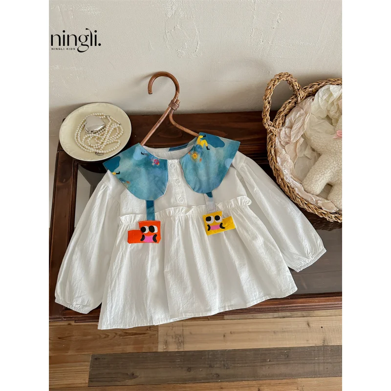 

NL-Girls White Shirt Spring and Autumn New Western Style Little Girl Baby Children's Autumn Models Internet Celebrity Col Claudi