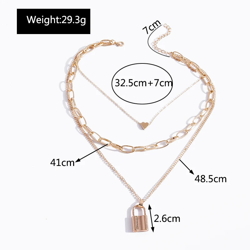 Aihua Vintage Boho Gold Farbe Mehrschichtige Kette Winzige Herz Schloss Anhänger Halsketten für Frauen Halskette Party Schmuck Geschenke – Detail 9