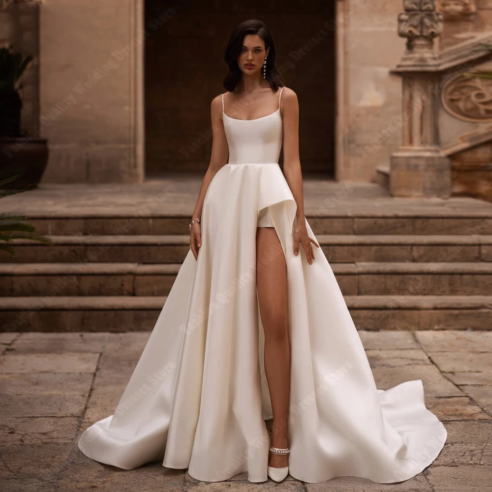 Brilhante cetim estilo simples vestidos de casamento feminino garfo alto sem costas formal sem mangas chão esfregando vestido de novia personalizado