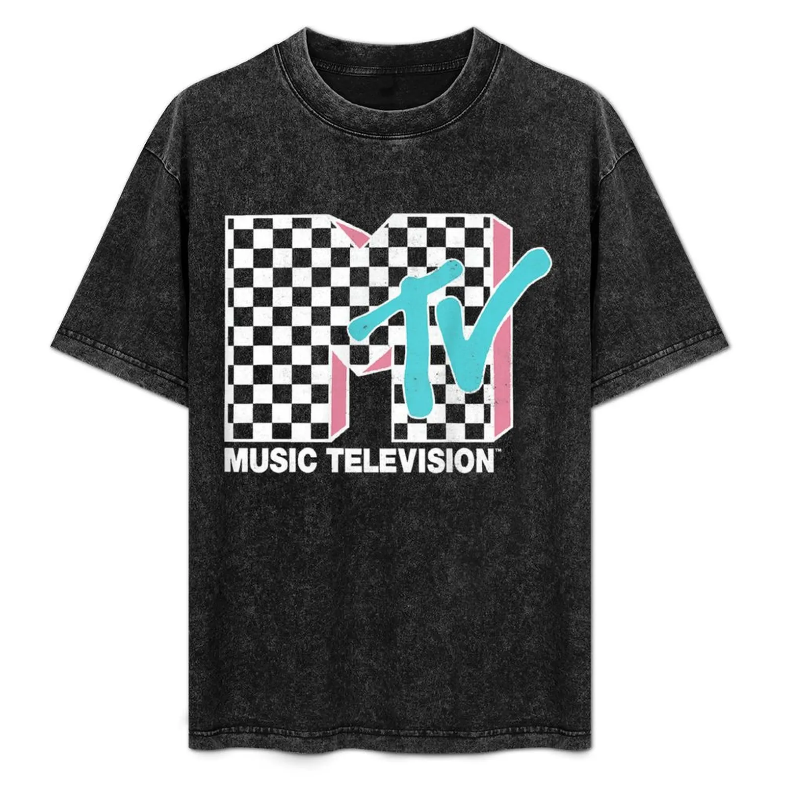 

Mtv neon distressed checkered logo T-Shirt Casual All Match Tee Shirt for Men