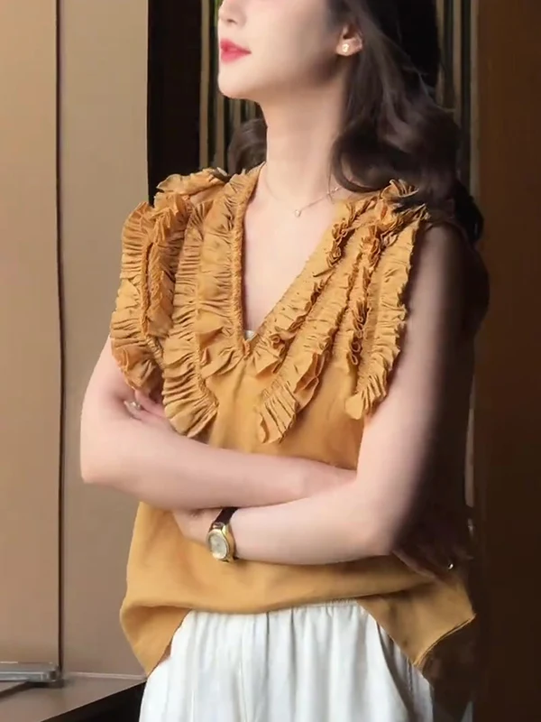 

Gtuq2025 Летний винтажный элегантный топ с деревянным узором, премиум-класса, в корейском стиле, для повседневной носки, облегающий крой