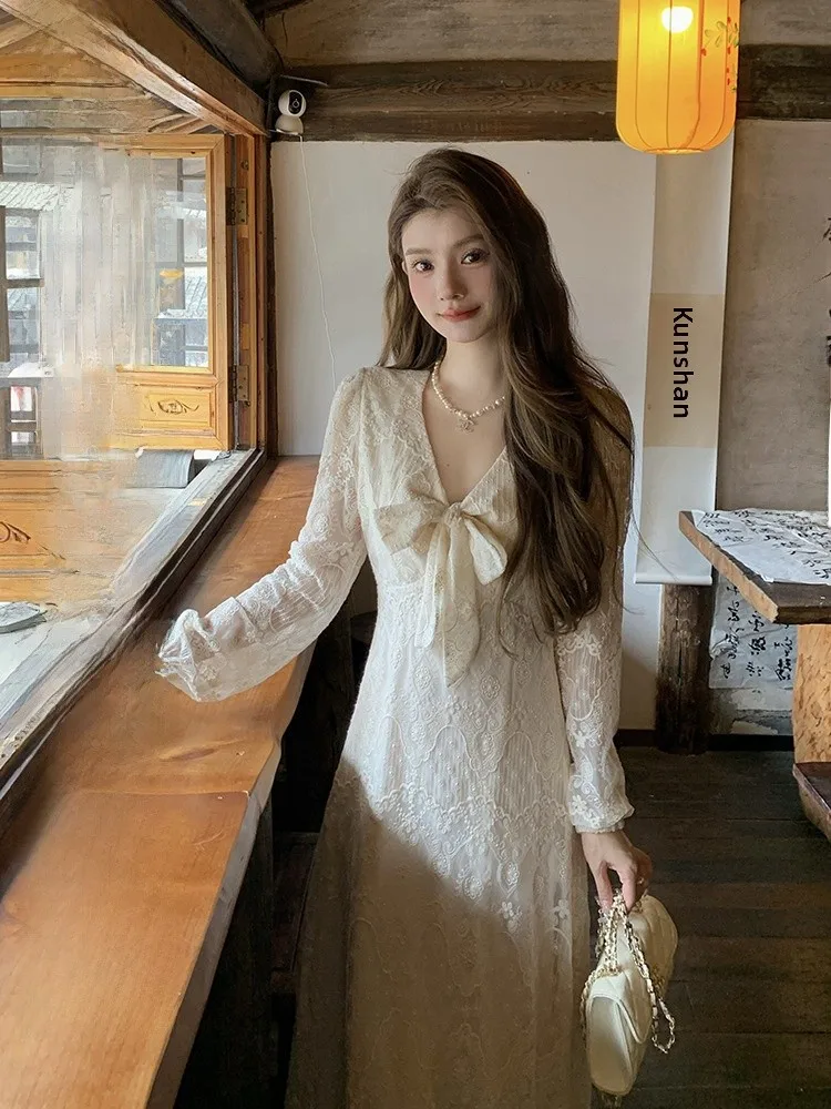 

AM NANA Autumn Winter Lace Dr Gentle Ele Fairy Skirt Long Dr Beautiful Base Layer French Sle Cosite Lace