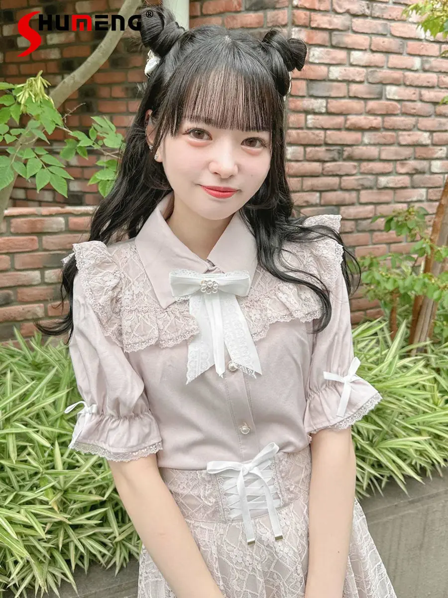 New Lolita Woman Blouse Japanese Rojita Short Sleeve Mine Series Mass-Produced Lace Stitching Ruffle Sleeve Bowknot Shirt 2023