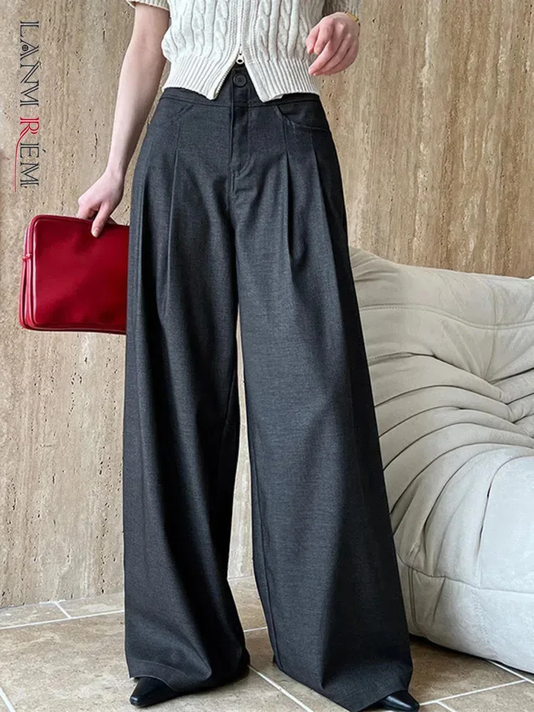 [LANMREM] Office Lady High Waist Pleasted Suits Pants For Women Straight Wide Leg Trousers Clothing 2025 Spring New 26D8923