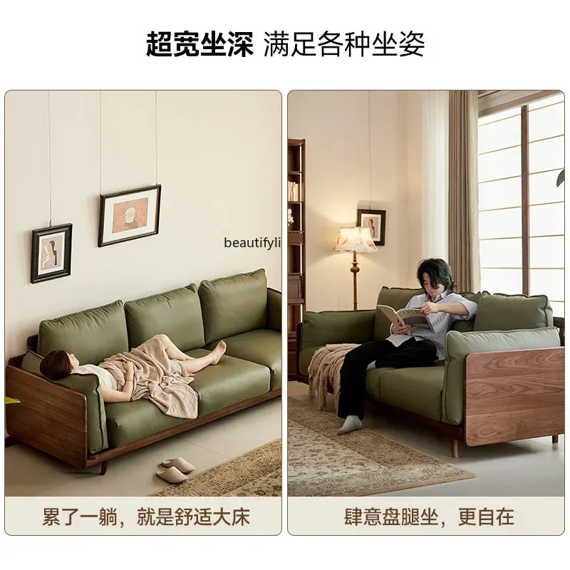 

A15 Nordic solid wood leather sofa black walnut sofa small apartment three-person straight sofa