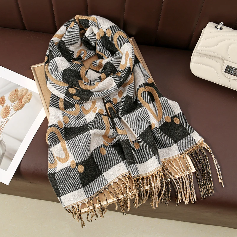 

Women Winter Letter Printed Pashmina Shawl Plaid Thick Tassels Scarf Fashion Girls Warm Cashmere Scarves Soft Long Muffler Gift
