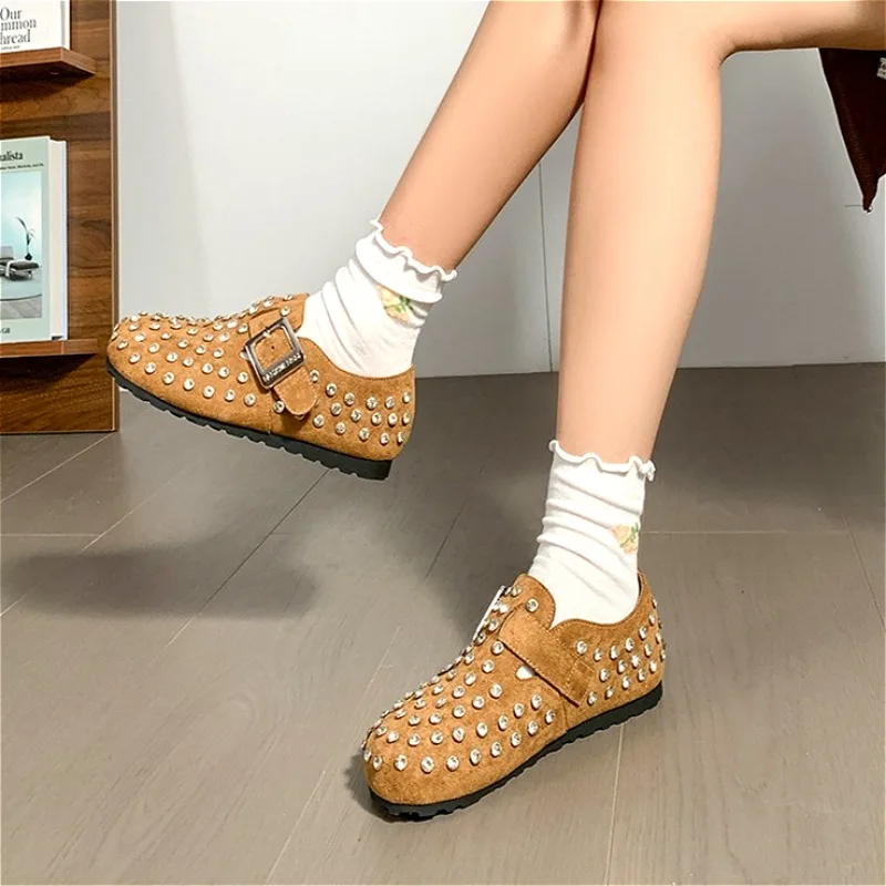 New Rhinestone Plush Warm Soft Soled Single Shoe Fashion Autumn Winter All Inclusive Casual Commuting Ballet Flat Women Shoes 43 image 2