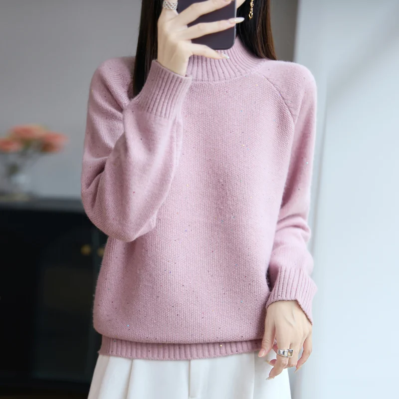 

High-End Women's Knitted Sweater Crew Ne Base Layer Top with T-irt f High Collar Inner Wear Autumn Long Sve