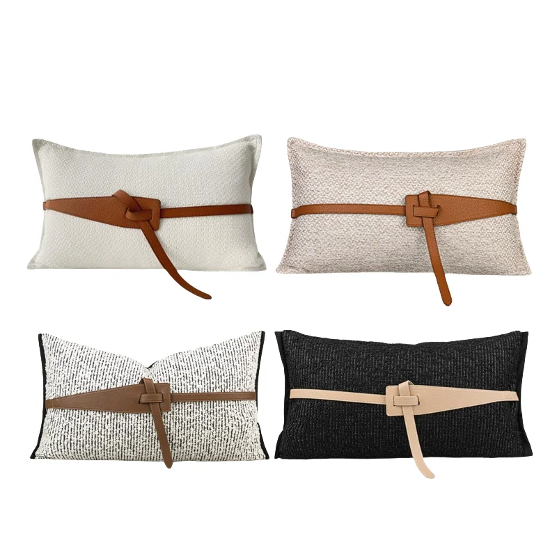 Cotton Linen Texture Orange Leather Waist Pillow Case Cushion Cover With Pu Belt 30X50CM