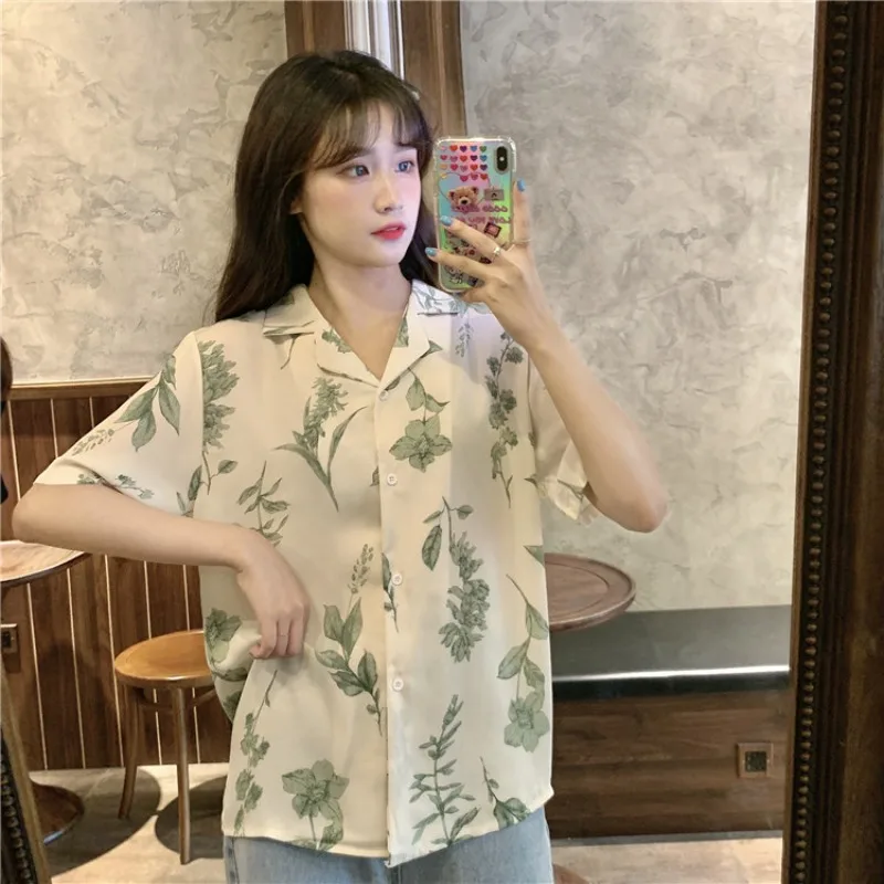 

Summer Printed Shirts Women Tops Baggy Vintage Breathable Streetwear Soft Holiday All-match Korean Style Chic Camisas De Mujer