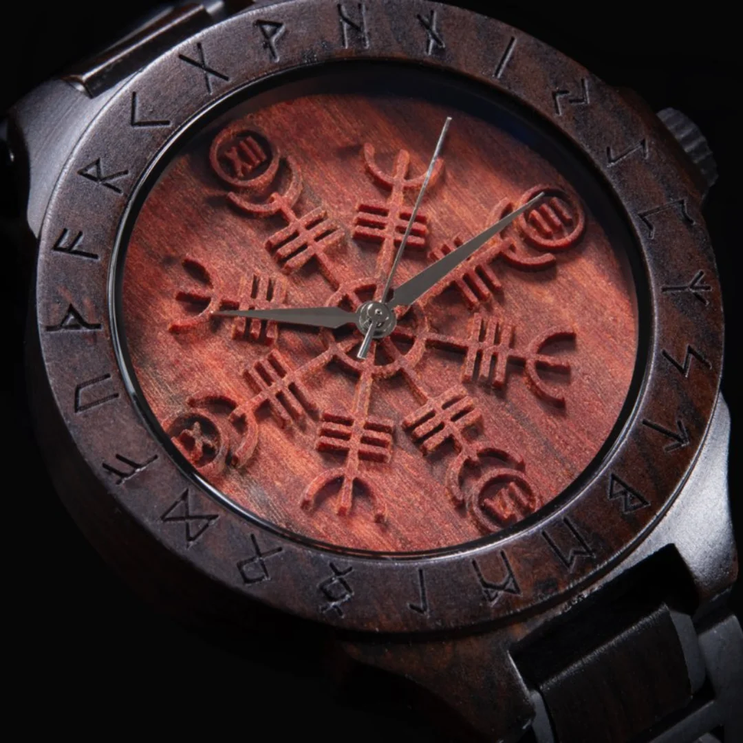 Viking Watches Wooden Men Watch Japanese Quartz Movement Wristwatch Norse Runes Helm Of Awe