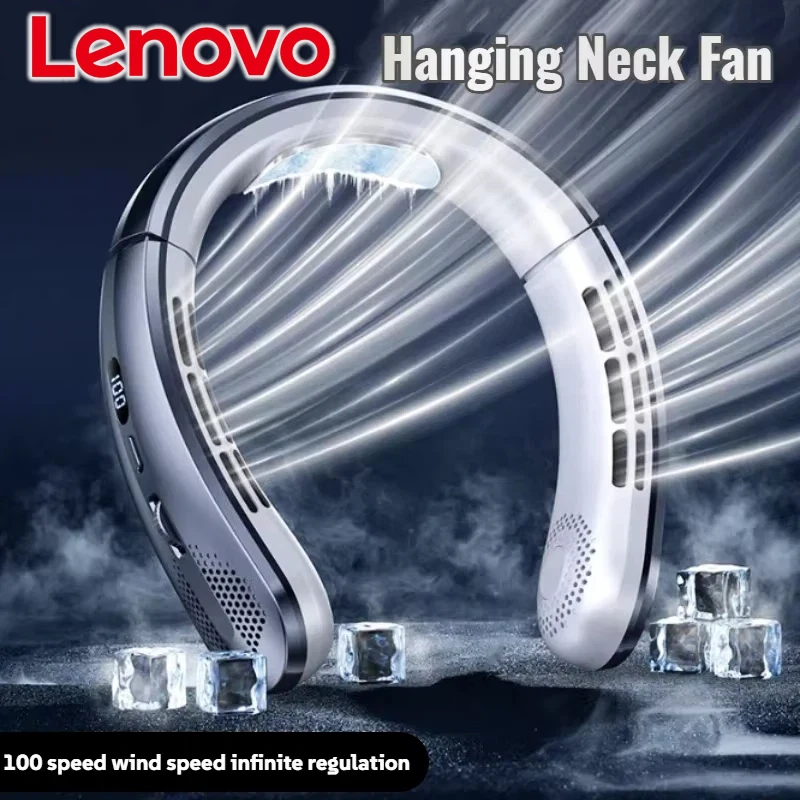 Lenovo 8000mAh Hanging Neck Fan Portable Bladeless USB Rechargeable Mute LED Digital Display Electric Air Cooler USB Handheld