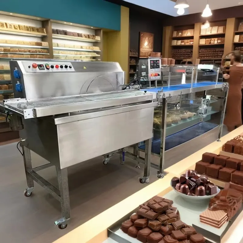 

Custom Small Chocolate Coating Machine Conveyor Belt Chocolate Enrober for Raisin Cookie Cake Praline Tempering Coating Process