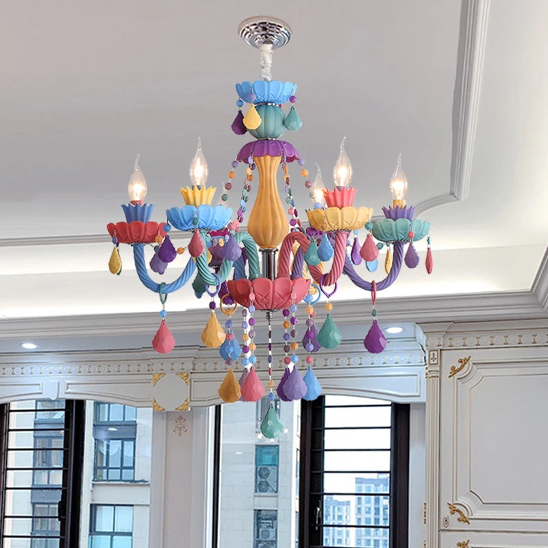 Children\'s Princess Room Macaron Chandelier Color Baby Room Candle Pendant Lamp European LED Home Atmosphere Lighting Decoration