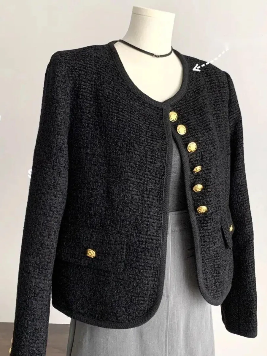 

Vintage Tweed Jacket Women Korean Streetwear Gold Buttons Woven Luxury Blazer Spring Autumn Chic Loose Fit Coat