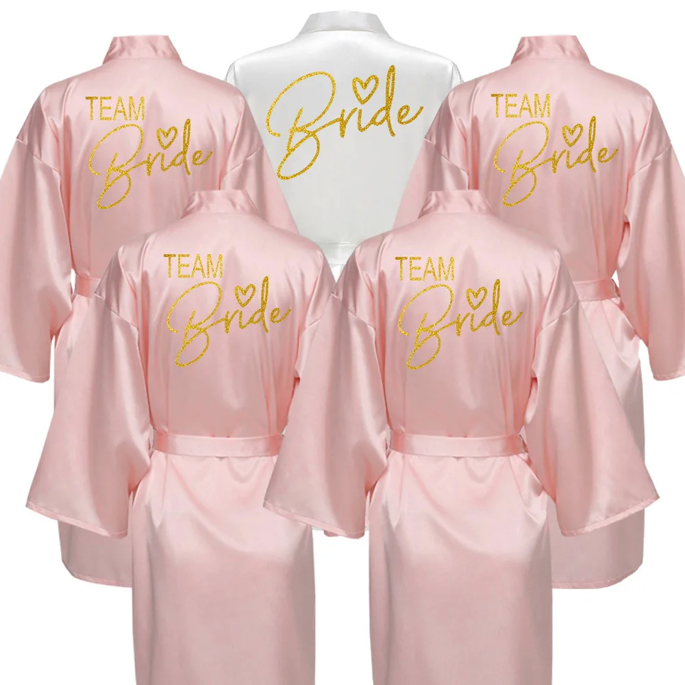 Women Silk Satin Robe Kimono Robe Bath Robe Sexy Bathrobe Femme Wedding Bride Bridesmaid Gold Letter