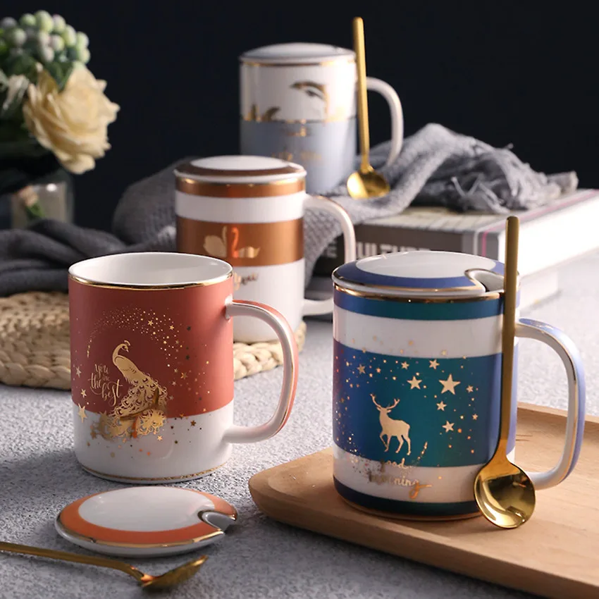 Taza De café De cerámica nórdica con tapa, cuchara, taza creativa, Tazas De agua potable para pareja, Tazas De café, accesorios De decoración del hogar para fiesta De té