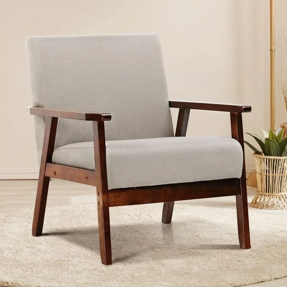 

Mid Century Modern Accent Chair,Accent Chair with Solid Wood Armrests and Legs,Linen Fabric Comfy Reading Chair, Single Sofa