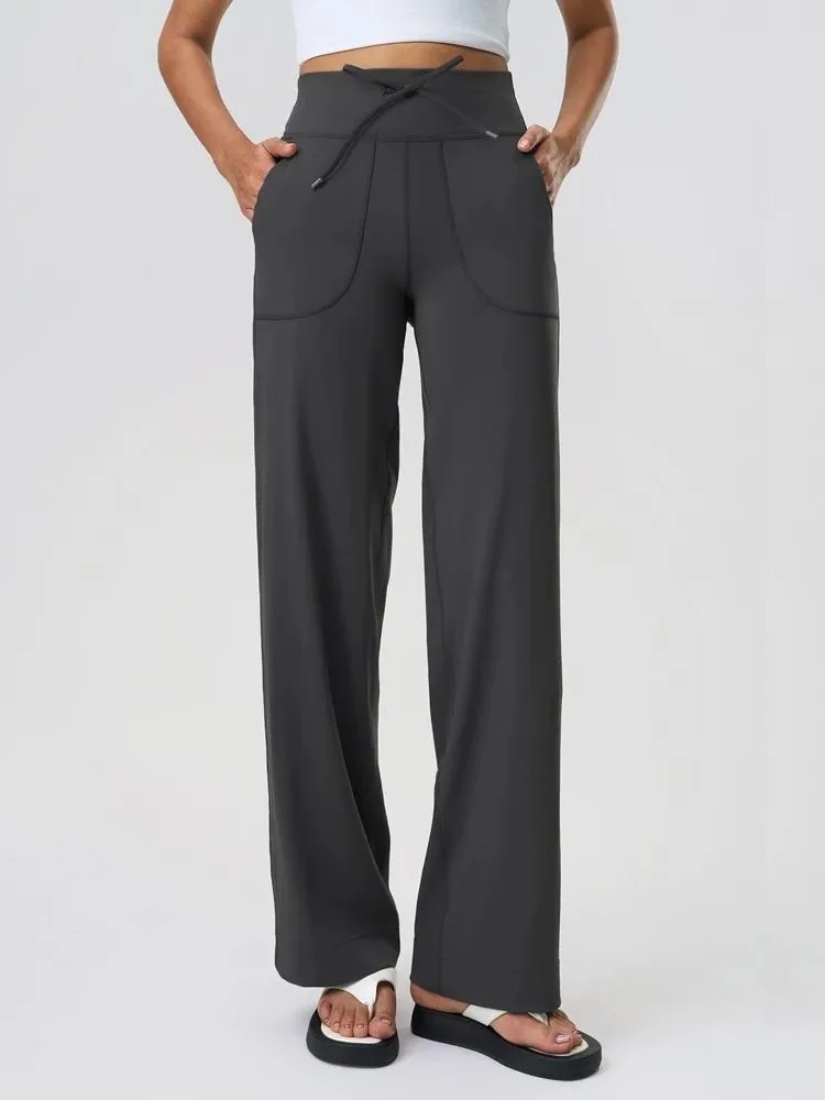

High Waist Sports Pants with Large kets Straight Leg Casual Trousers for Women High Waist Polyester Fiber Elastic Waist