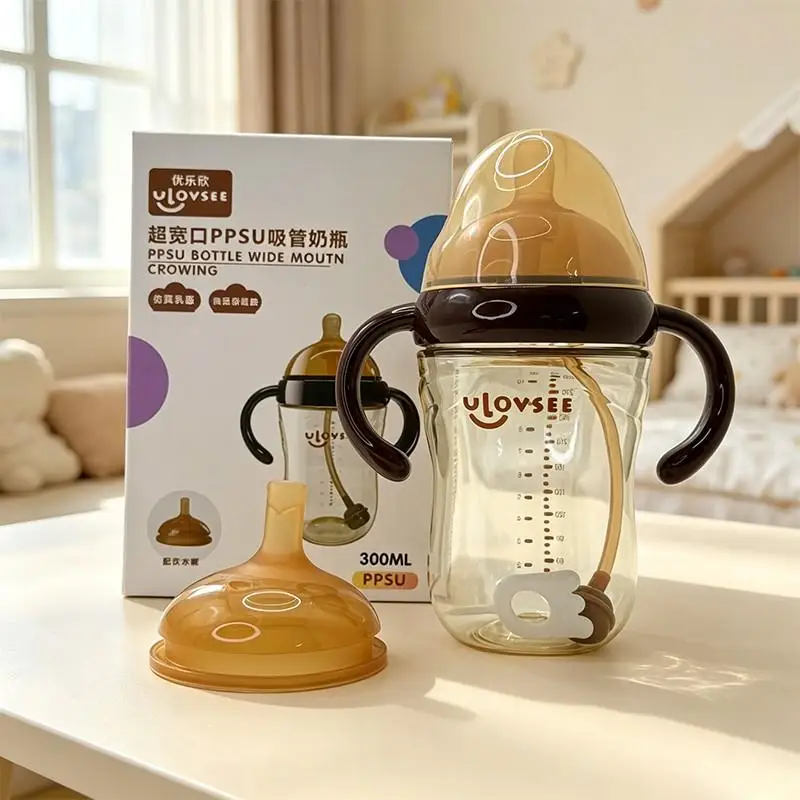 240ml/300ml Extra-wide Neck PPSU Baby Bottle with Weighted Straw and Handle, 2-in-1 Use Drop-Resistant Feeding Bottle