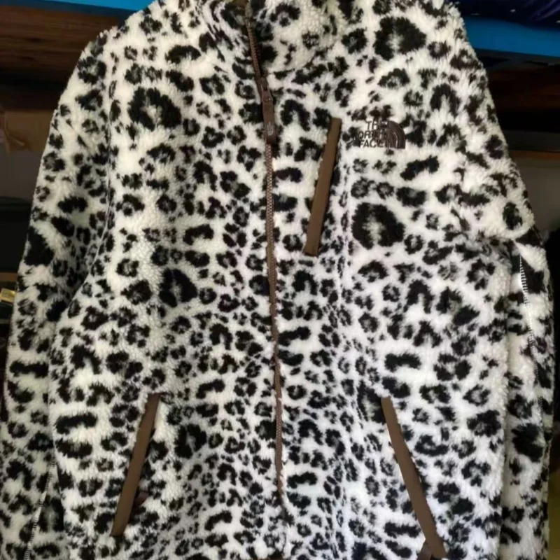 TheNorthFace / North Face Rimo V-neck Zippered Leopard Print Warm Lamb Hair Fleece Jacket - Leopard Print