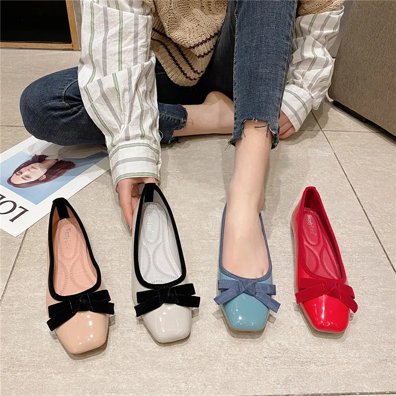 2025 الربيع والصيف موضة جديدة الضحلة ساحة تو حذاء مسطح براءات الاختراع والجلود القوس الصغير الأزرق أحذية نسائية عادية #6