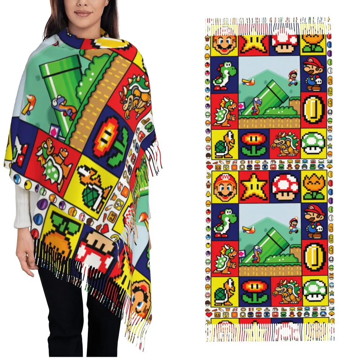 Écharpe femme avec pompon années 90 jeu Marios champignon étoile grand châle doux et chaud Super cadeaux foulards Pashmina