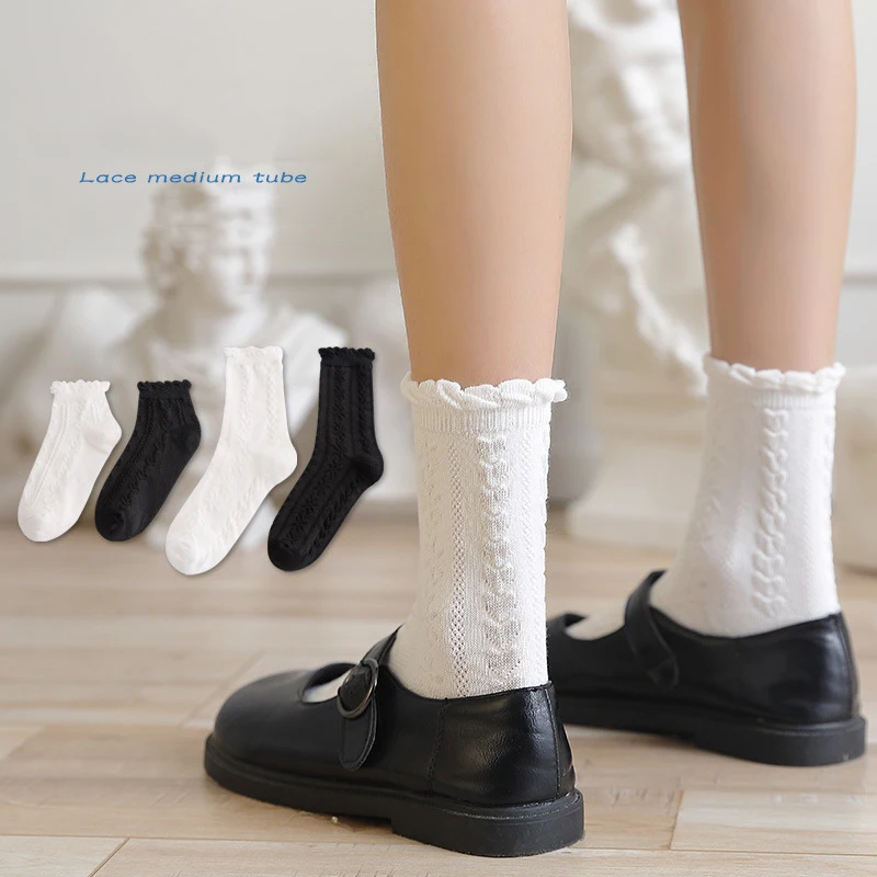 

Black White Jk Uniform School Girls Lolita Cosplay Accessories Socks Girls Cotton Knitting Lace Top Loose Rib Sockken