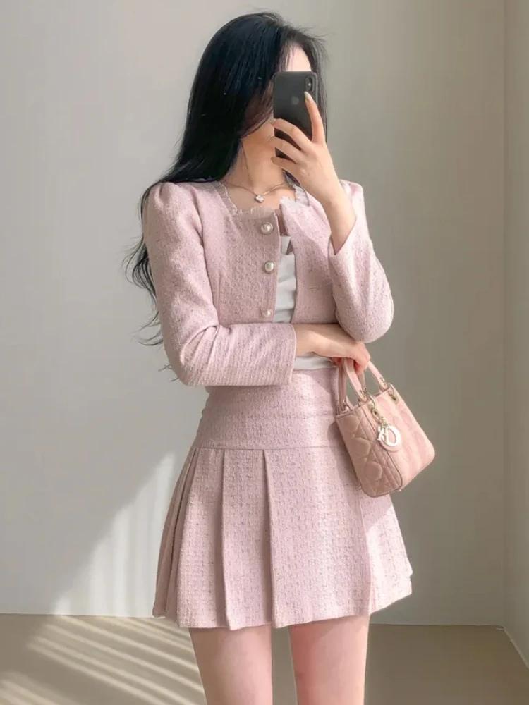 Fashion Korea Elegant Tweed Small Fragrance Short Jacket Cropped Coats + High Waist Mini Skirts Suits Slim Women Two Piece Sets