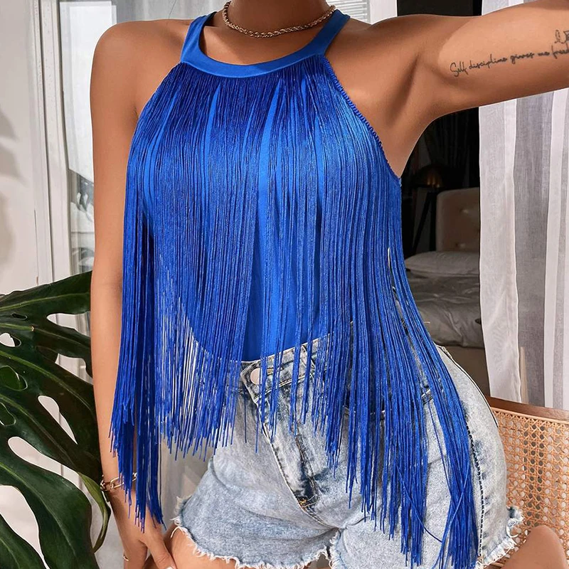 

Sexy Tassels Women's Halter Crop Top Women Fashion Sleeveless Short T-shirt Top 2023 Summer Female Chic Street Tees Top