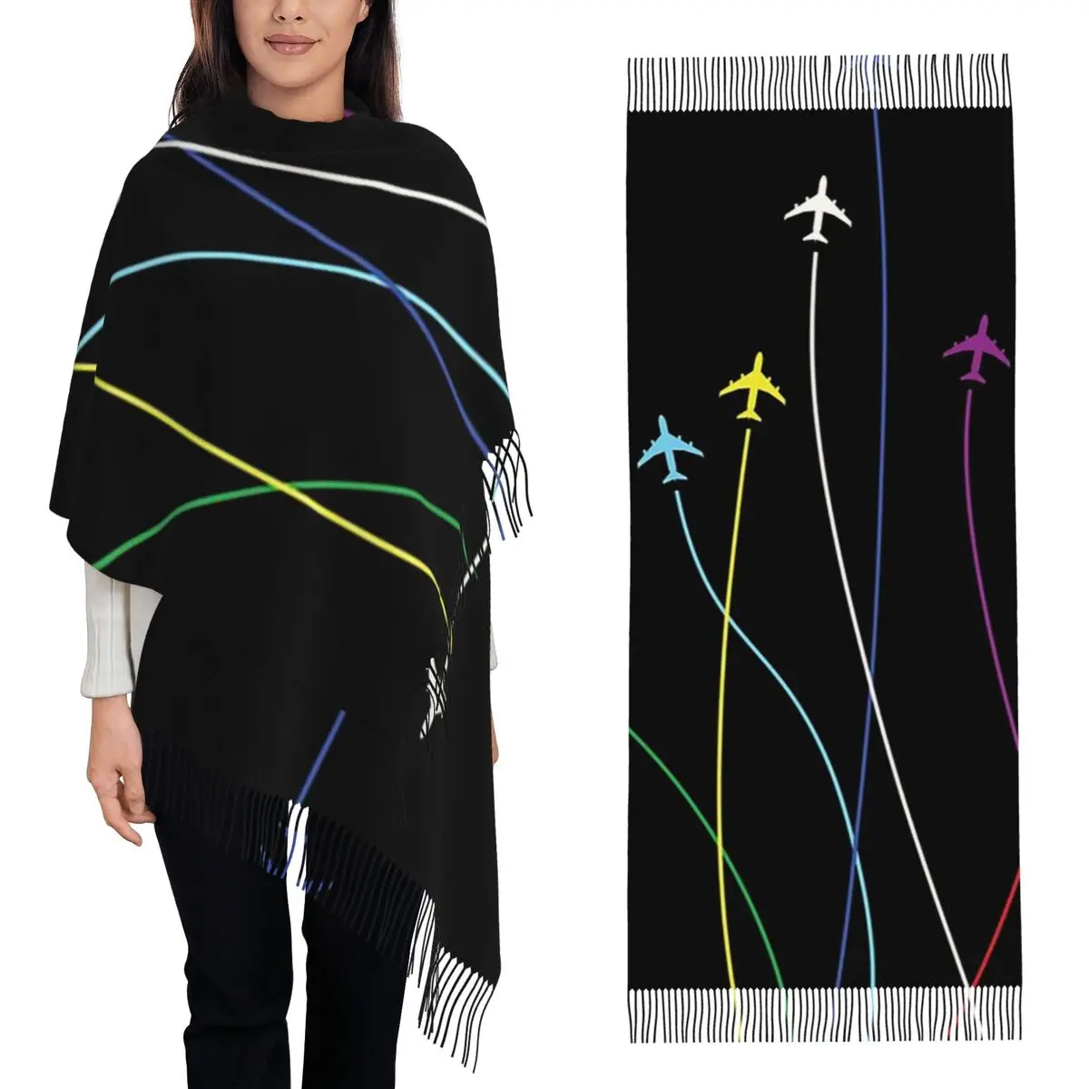 

Rainbow Airplanes Flying On Eachother Scarf Tassel Scarves for Women Soft Warm Shawls and Wraps Large Fall Winter Shawl Wrap