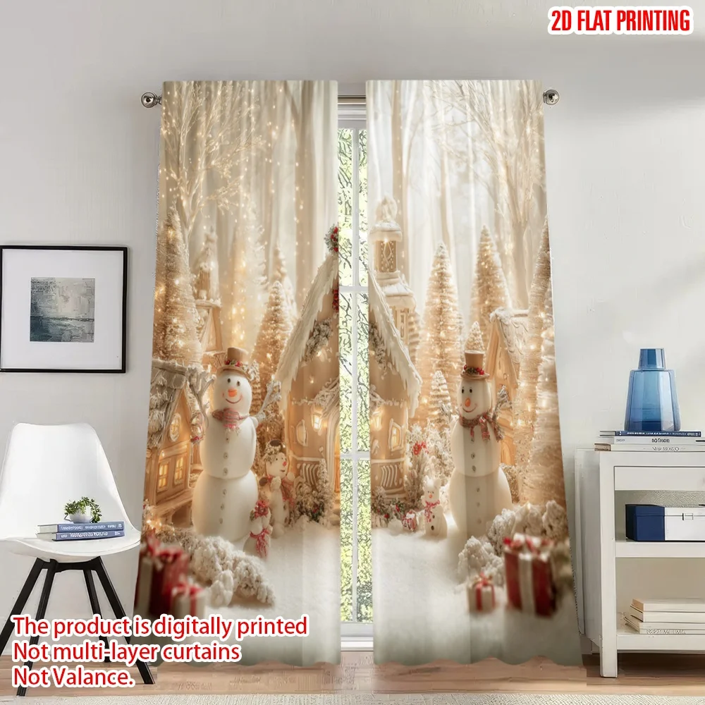 2 قطعة 2D الطباعة المسطحة عيد الميلاد سعيد موضة الستائر دافئ ثلج عيد الميلاد قرية الرقمية المطبوعة البوليستر الستائر احتفالية #1