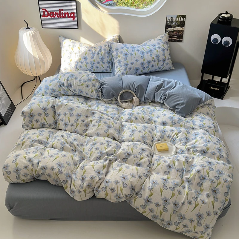 Imagem -02 - Roupa de Cama com Flores Impressão Consolador Conjunto com Fronha Lençol Solteiro Cama de Tamanho Completo Capa de Edredão Rainha Rei Cama Dupla