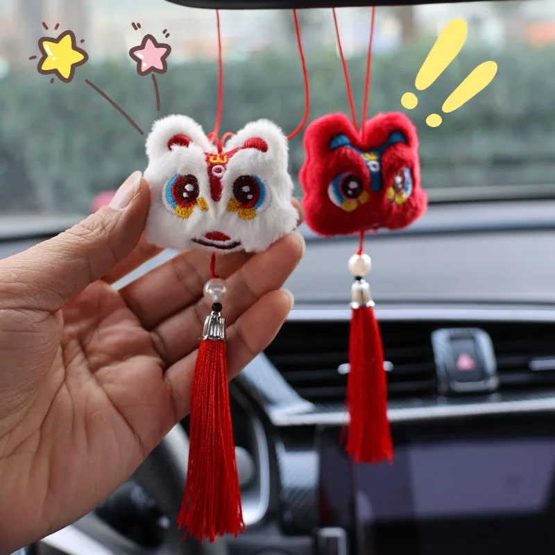 Chinese Style Car Pendant Plush Waking Lion Tassel Doll Auto Rearview Mirror Decoration Accessories New Year Celebration Charms