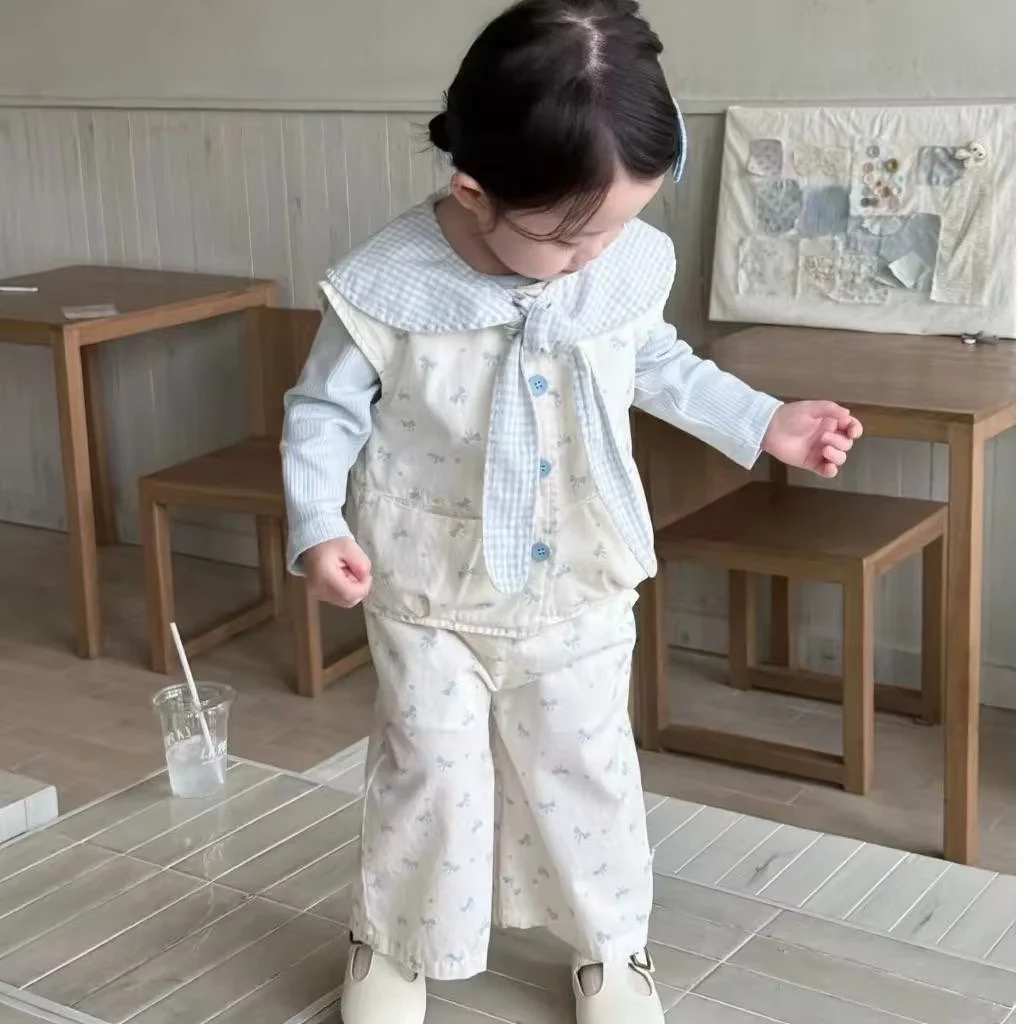 

Spring Autumn Baby Girls Set Fashion 2026 New Style Children's Sweet Vest Long Sleeve Bottom Coat Pants 3-Piece Set