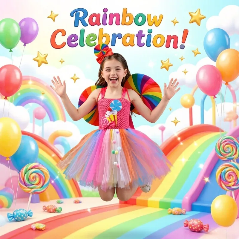 

Cute Rainbow Lollipop Tutu Dress Fashion Fluffy Princess Tulle Skirt Cute Festival Party Stage Performance Daily Wear Outfit