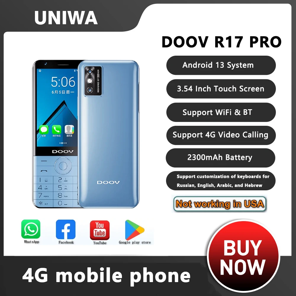 UNIWA DOOV R17 Proสมาร์ทโทรศัพท์มือถือหน้าจอสัมผัส 4G Whatsapp Android 13 ปุ่มกดโทรศัพท์ 3.54 "4GB 64GB 2300MAhฮีบรูคีย์บอร์ด