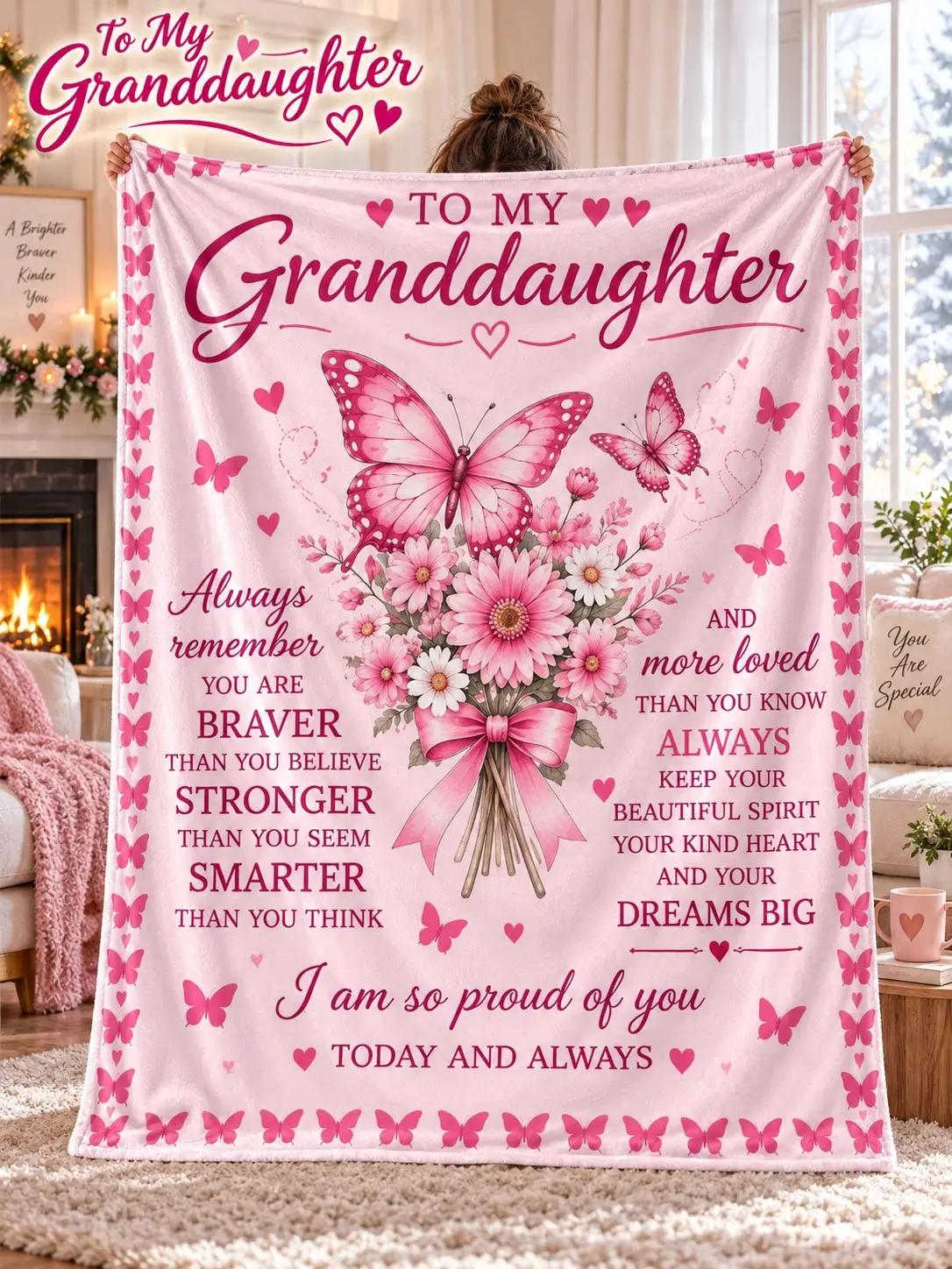 Granddaughter Flannel Blankets & Throws Butterfly Flower Bouquet Encouragement Message Gift From Grandma for Birthday Christmas Anniversary Thanksgiving Couch Bed Bedroom Living Room Travel Nap Office Dorm Camping Holiday Keepsake Family Present