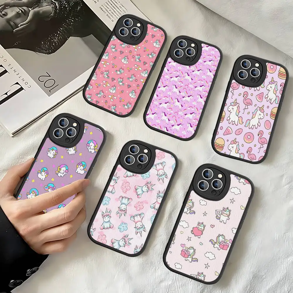 Cute Rainbow Unicorn Phone Case for iPhone 16 15 14 11 12 13 Pro Max Plus Back Leather Shell