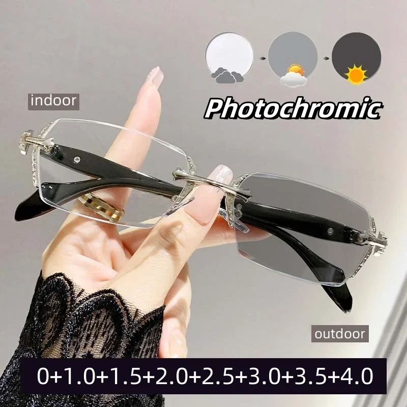 Color Changing Frameless Reading Glasses Cut Edges Photochromic Anti Blue Light Metal High-definition Presbyopia Eyewear To +4.0