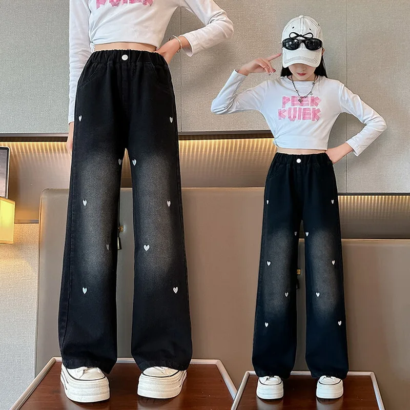 New Fashion Teenager Girls Denim Wide Leg Pants Children Trousers Spring Autumn Love Pattern Girls Jeans 5-14 Years Kids Clothes