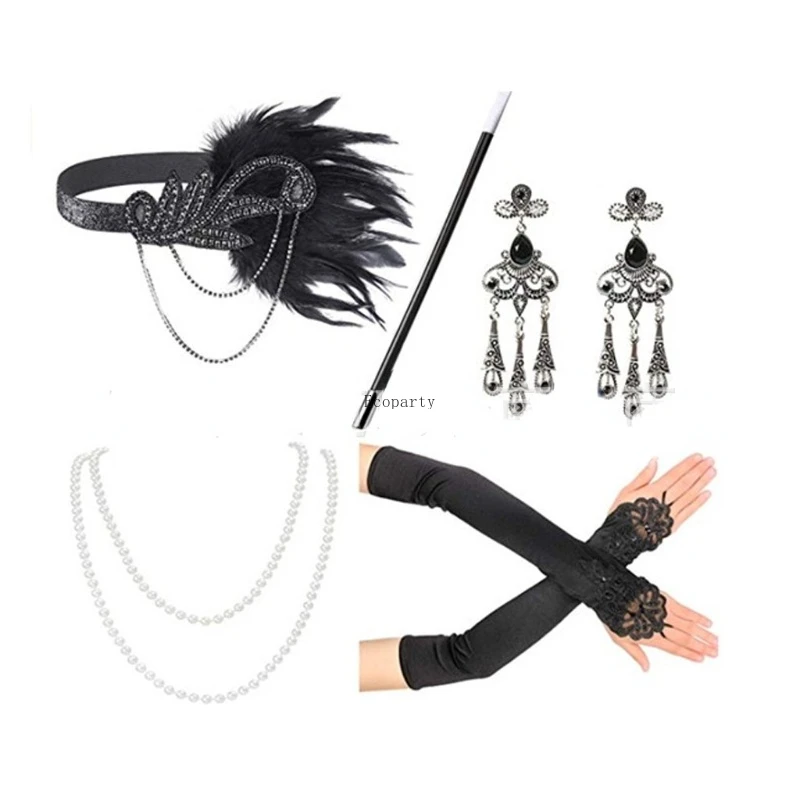 Gatsby Party Retro Feather Headband orecchini tubo finto tabacco collana di perle Set di guanti con perline accessori Cosplay di Halloween