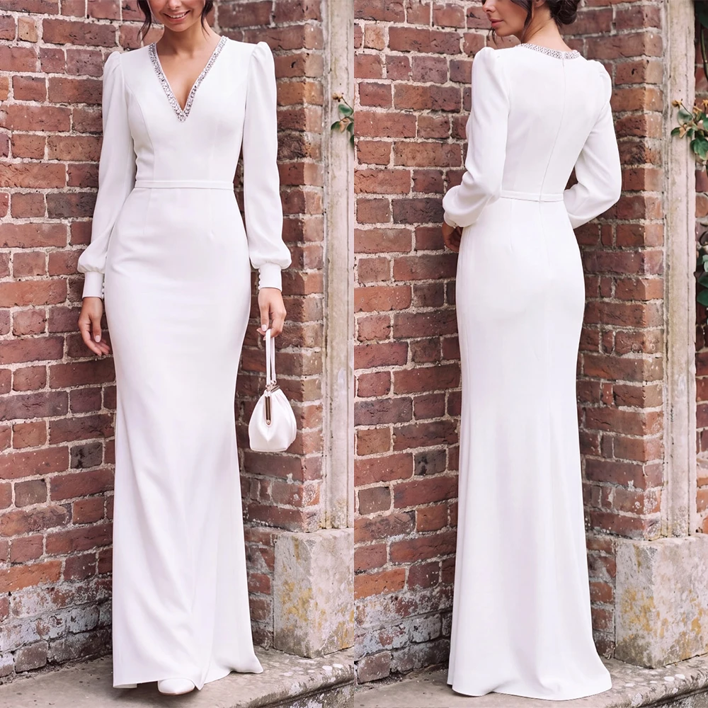 Customized V-neck Floor Length White Beaded Full Sleeves Woman Vestidos Elegantes Para Mujer Para Una Boda Kate Middleton Dress