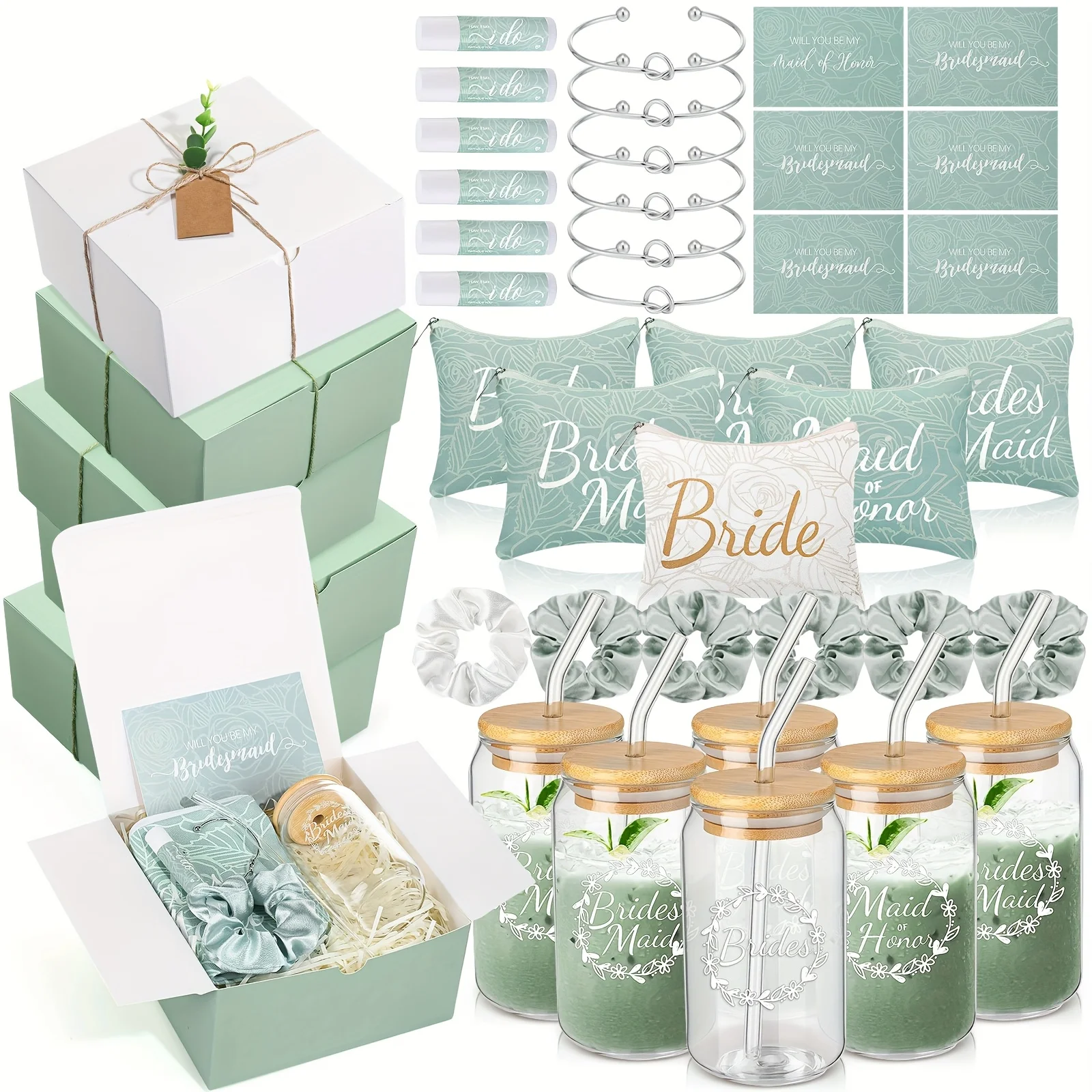 

54pcs Bridesmaid Proposal Gifts Include Bridal Shower Wedding Gift Box Makeup Bags Invited Cards Glass Cup Lip Balm Scrunchies Hair Knotted Bracelets for Maid of Honor (Green, White) Halloween Christmaschristmas